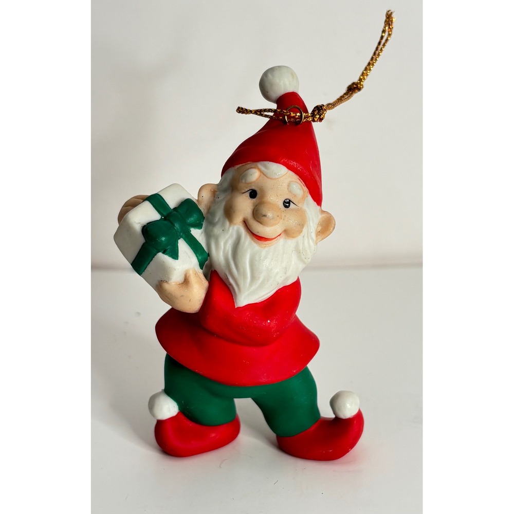 Vintage Porcelain Christmas Elf Gnome Ornament Red Green Gift Holiday Decor